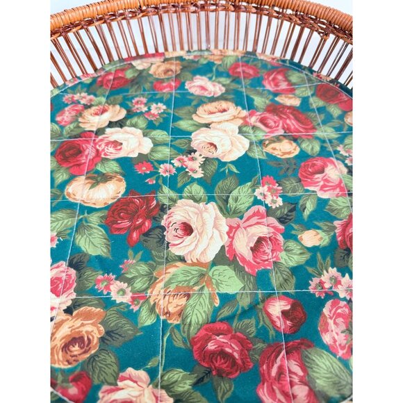 Rattan Round Serving Tray Wicker Leather Handles VTG 70s Kitchen Farmers Market - Picture 10 of 12